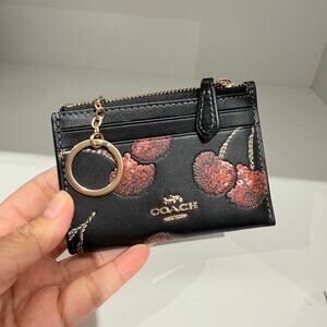 Coach Mini Skinny Id Case With Cherry Print CDF83 Gold/Black Multi